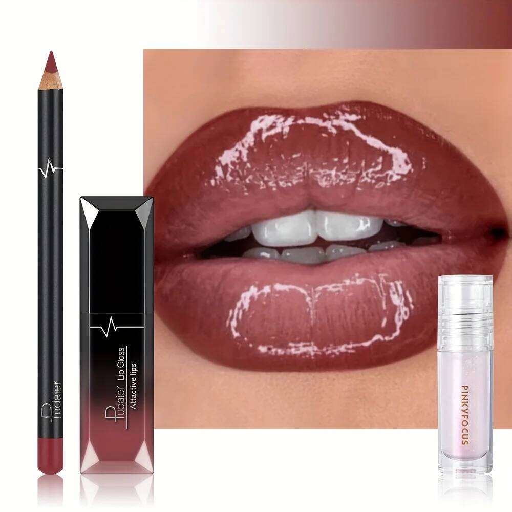 3PCS Ombre Kit: Liner Gloss + Lip Oil, Gradient Lips Makeup, Nude Shades, Hydrating, Non-Sticky W260311