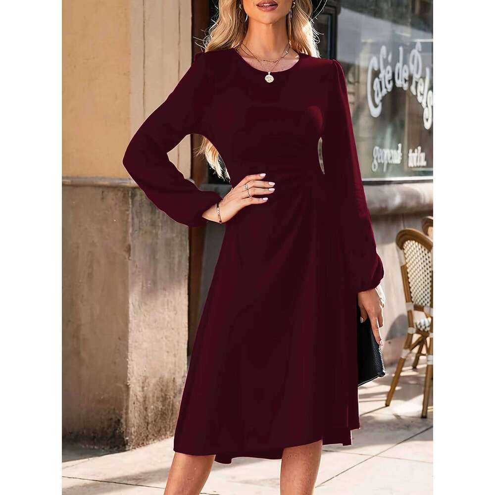 2025 New Women's Long - sleeved Black Maxi Dress with Ruched Waist Detail C260312