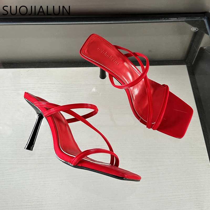 SUOJIALUN 2024 Summer New Women Slipper FAshion Narrow Band Ladies Elegant Sandal Shoes Thin High Heel Dress Slides Pumps K260312