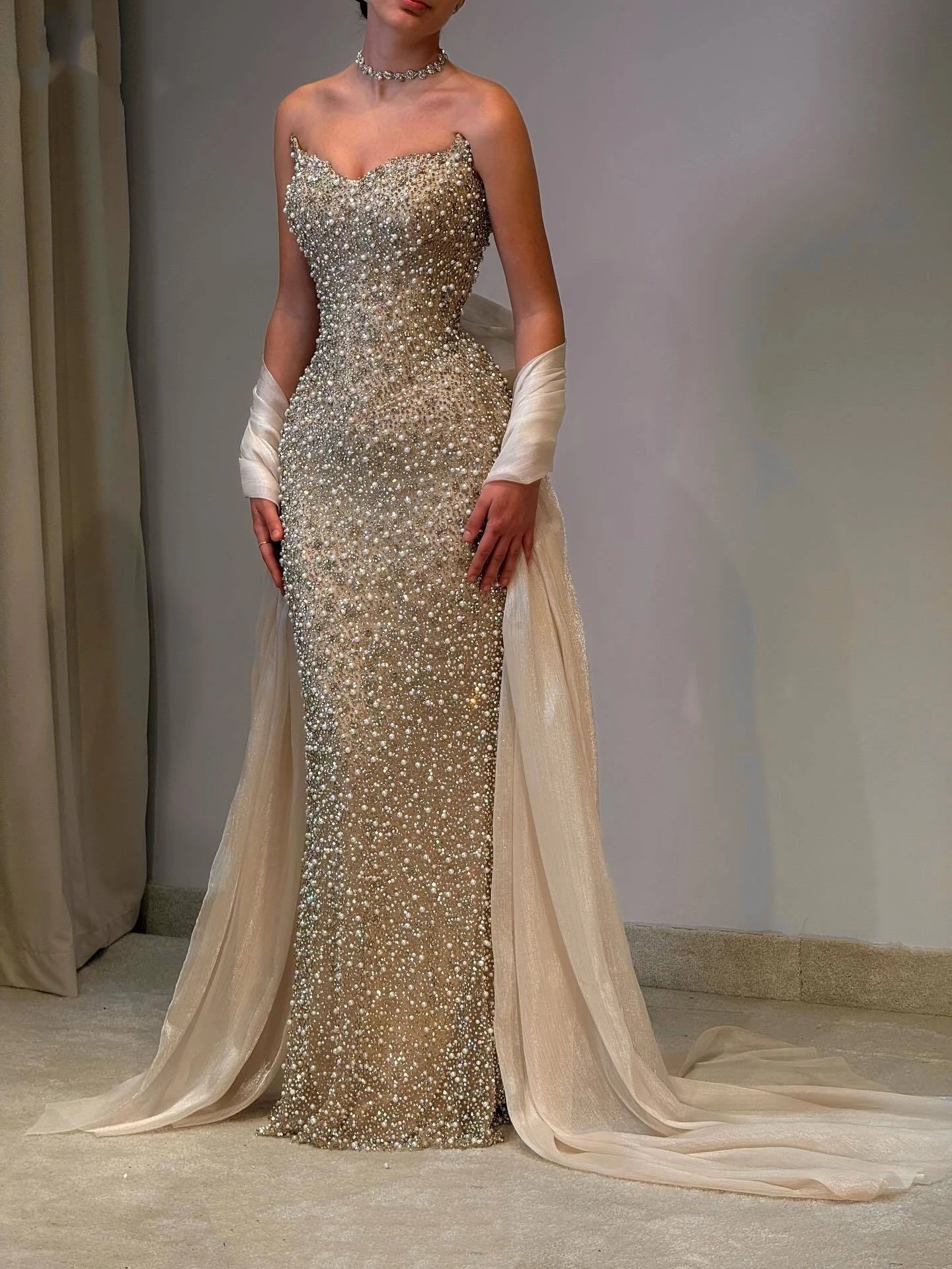 Sparkly Evening Dresses For Women Sweetheart Neck Sleeveless Wrap Gown Sequins Beaded Floor Length Dress Party Customized Dress