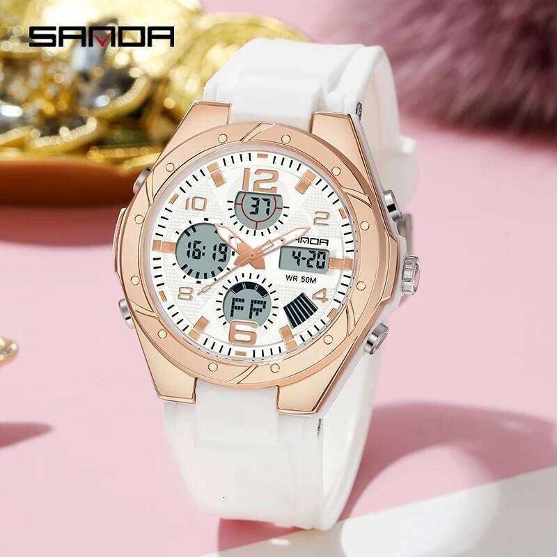 SANDA 6062 Fashion Dynamism Youth Sports Women Multifunction 50M Waterproof Quartz Watch LED Digital Casual Ms. Wristwatches-2