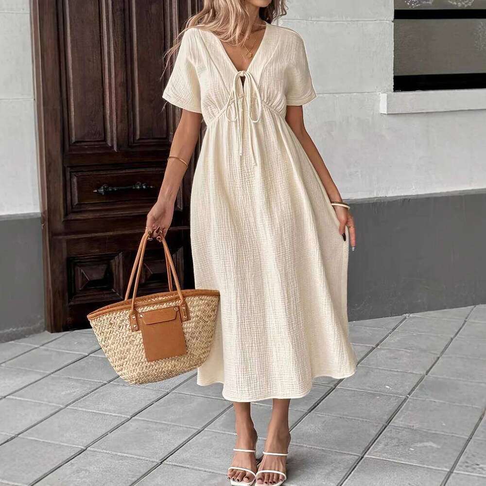 Vintage Solid Midi Summer Fashion V-neck Short Sleeve Cotton Dress Ladies Casual Holiday Vestidos Women Clothing C260312