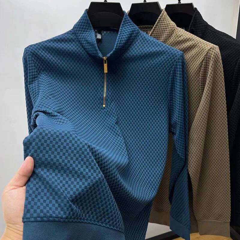 Top Quality Geometric Jacquard Sweater Men's Zippered Standing Neck Long Sleeved T-Shirt Autumn New Fashion Brand Loose Pullover