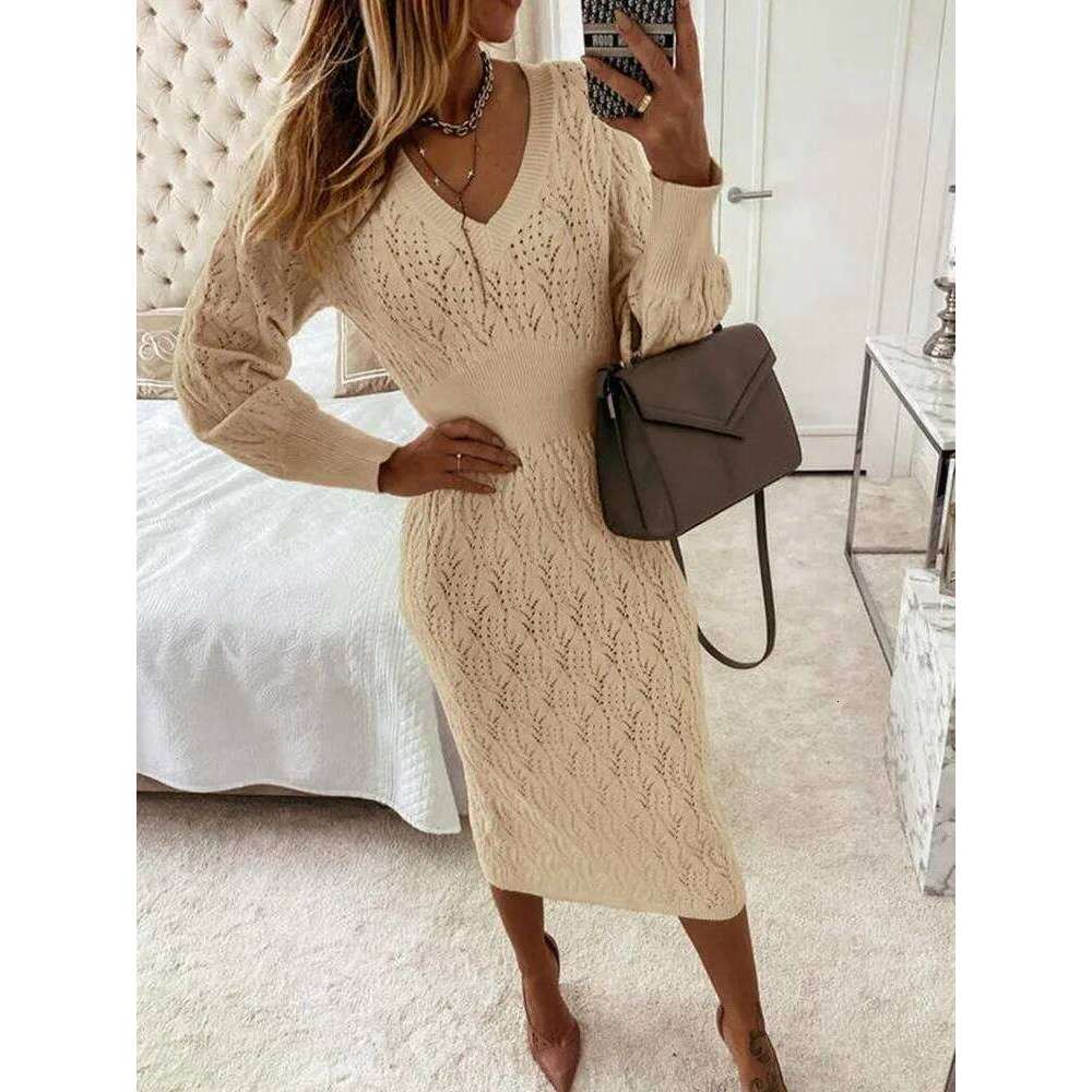 Autumn Women's New Warm Sleeved Knitted Shirt Sexy Slim Fit Hollow Out Hip Hugging Casual Comfortable Long Skirt C260312