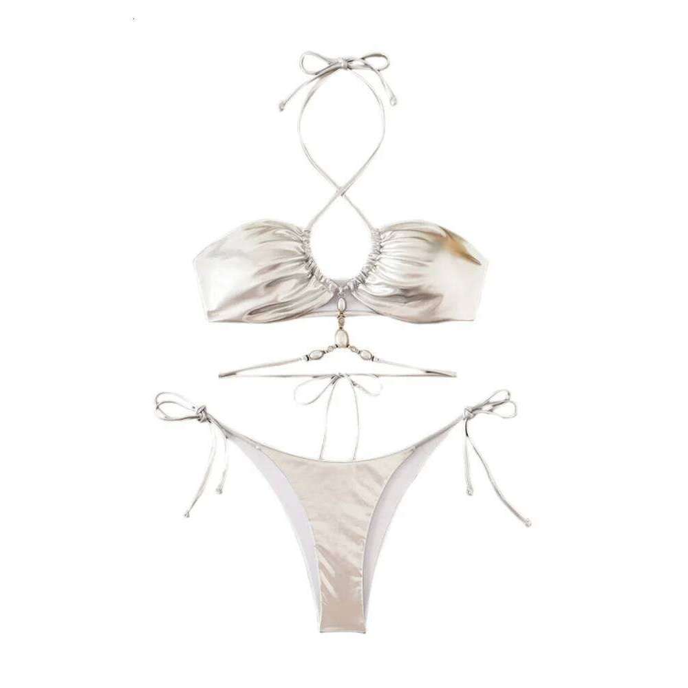 Bikini Women Swimsuit 2026 New Gold Halter Lace Bikinis Set Sexy Swimwear Cover Up Two Piece Beach Bathing Suit Female Y260303