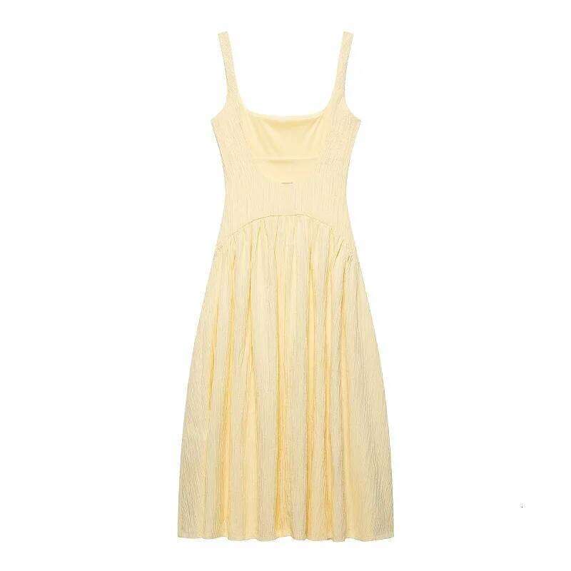 MUJER 2025 Pleated Long Woman Yellow Slip Midi Sexy Backless Dresses for Women Chic Beach Women's Summer Dress C260311