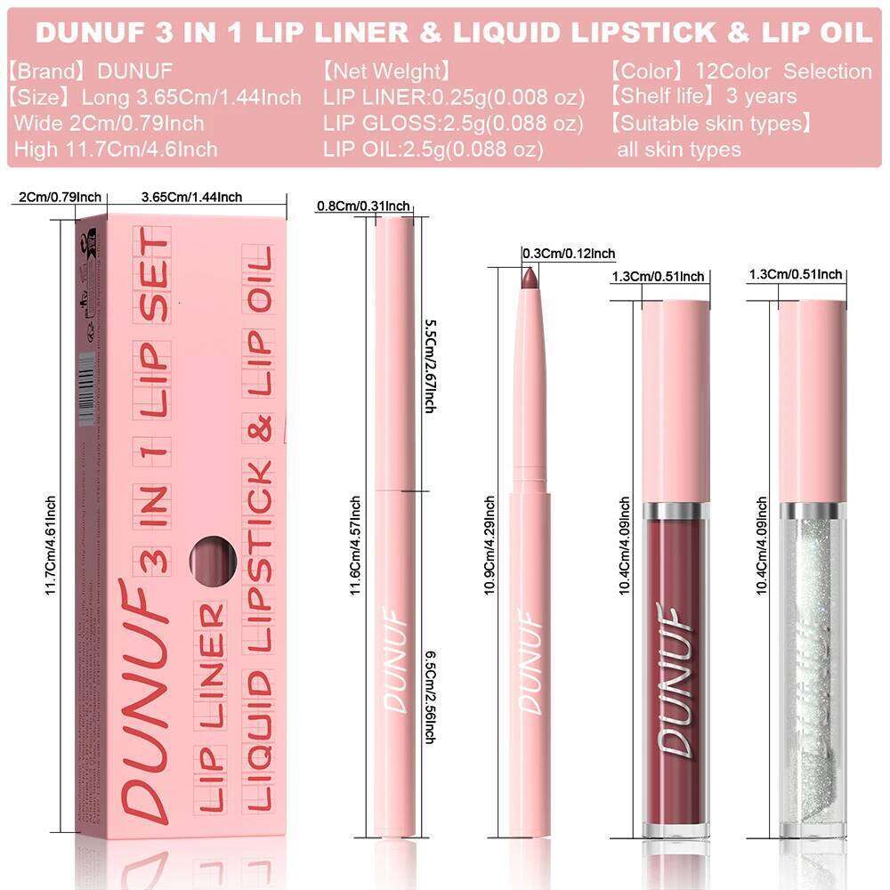 Matte Liner Gloss Lip Oil Set, 3-in-1 Waterproof Non-sticky Long-Lasting Lipstick, Nude Deep Red Mauve, Christmas Makeup W260311