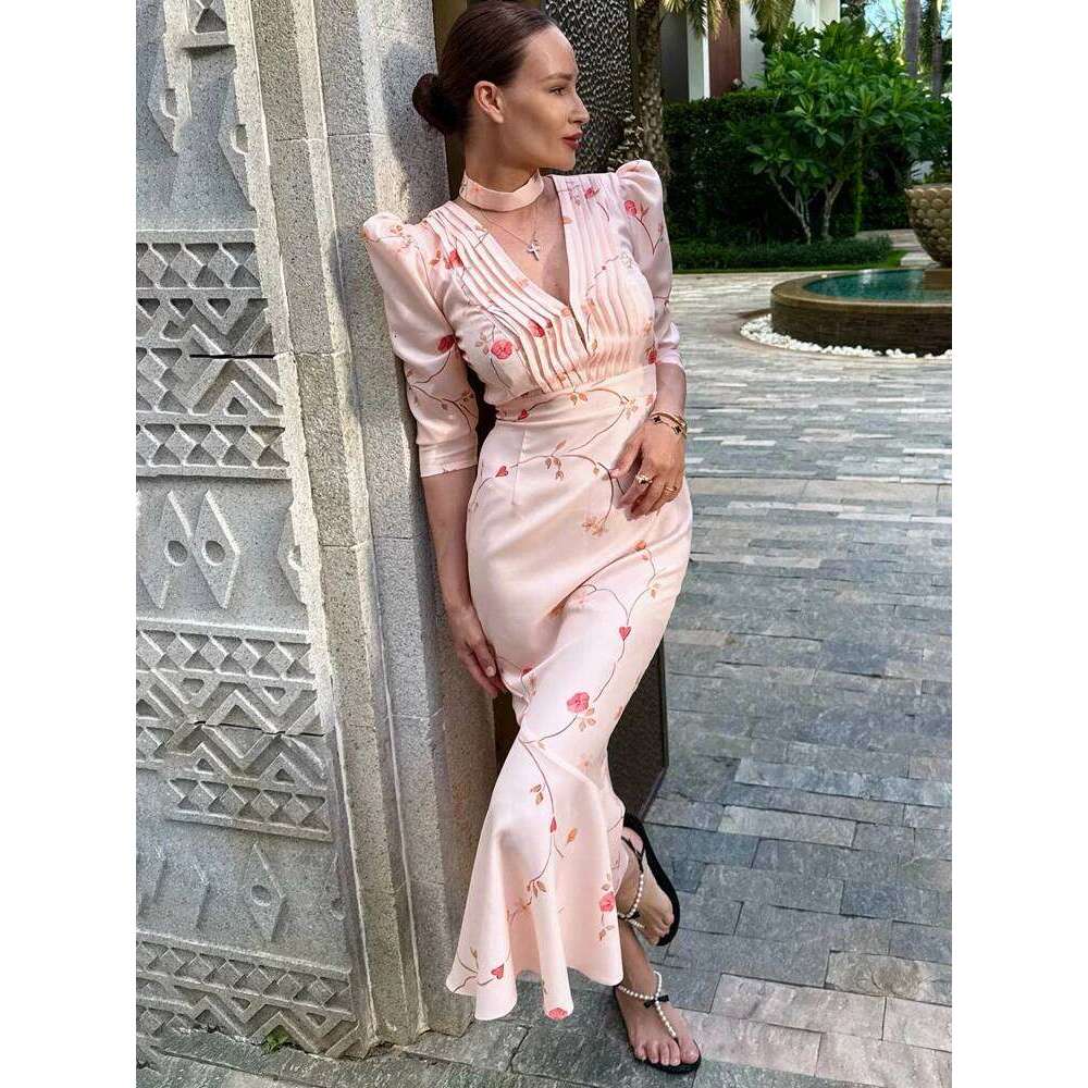 Tossy Elegant Printed V-Neck Long Female High Waist Bandage Slim Contrast Party Evening Women's Lace-Up Maxi Dress C260312
