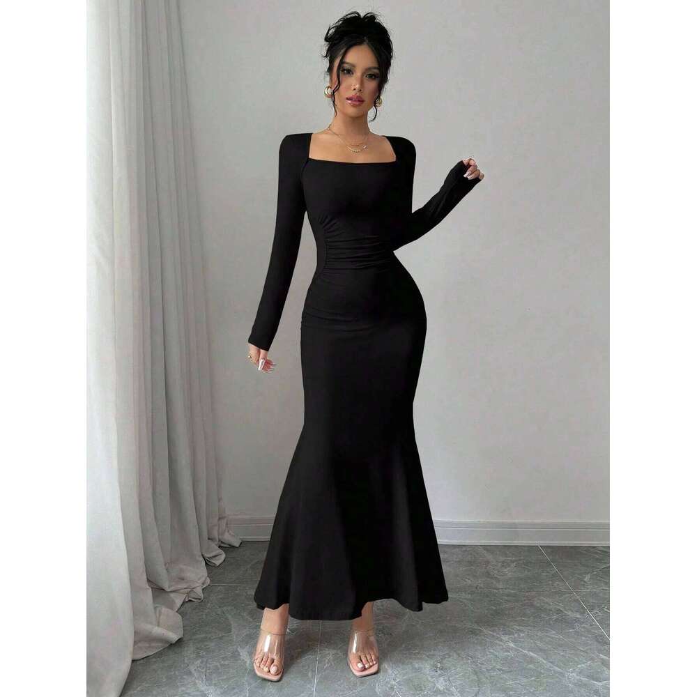 Four Seasons New Style Women's Elegant Temperament Retro Solid Color Square Collar Long Sleeve Dress C260311