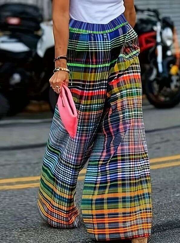 2025 New European and American Women's Fashion Spring/Autumn Colorful Printed High-Waisted Casual Comfortable Draped Wide-Leg Pants