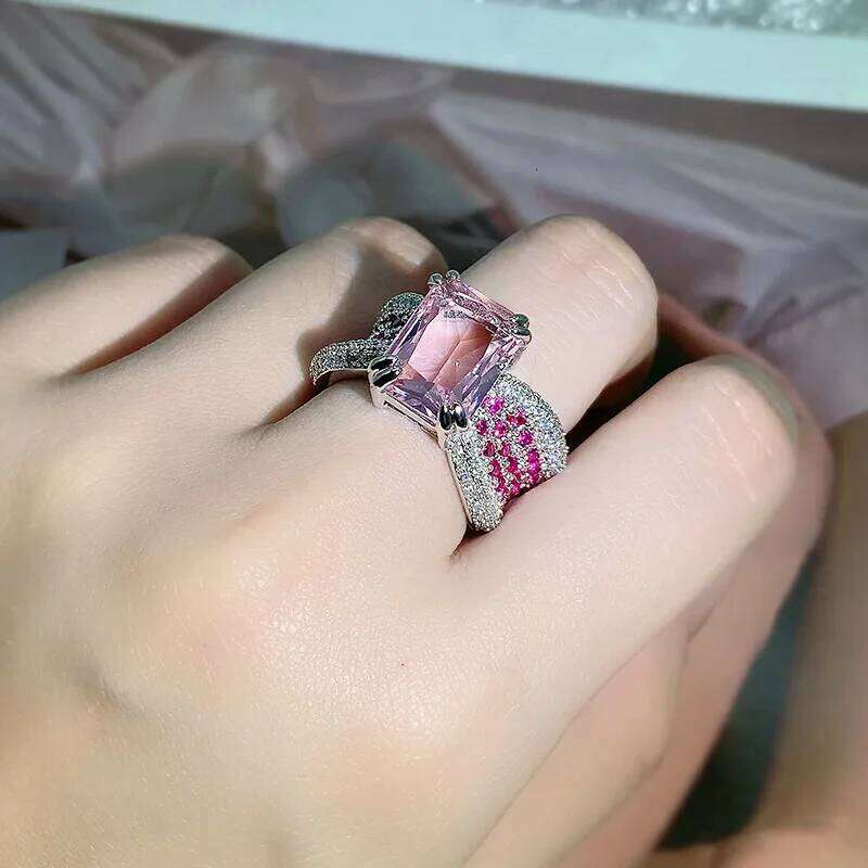 925 silver high-definition diamond personality opening pink four-claw gemstone ring female party birthday gift H260312