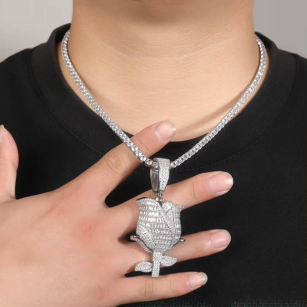 New Arrival Sparkling Full Diamond Rose Pendant Necklace with Moissanite, Men's Hip Hop Rap Jewelry