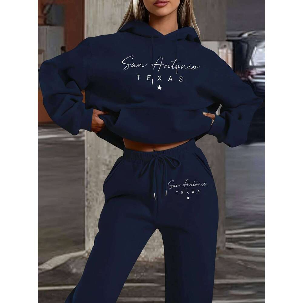 San Antonio Texas Creative Letter Prints Streetwear Women Soft Autumn Hoody Set Sports Jogging Clothing Suit Street Fleece Pants C260312