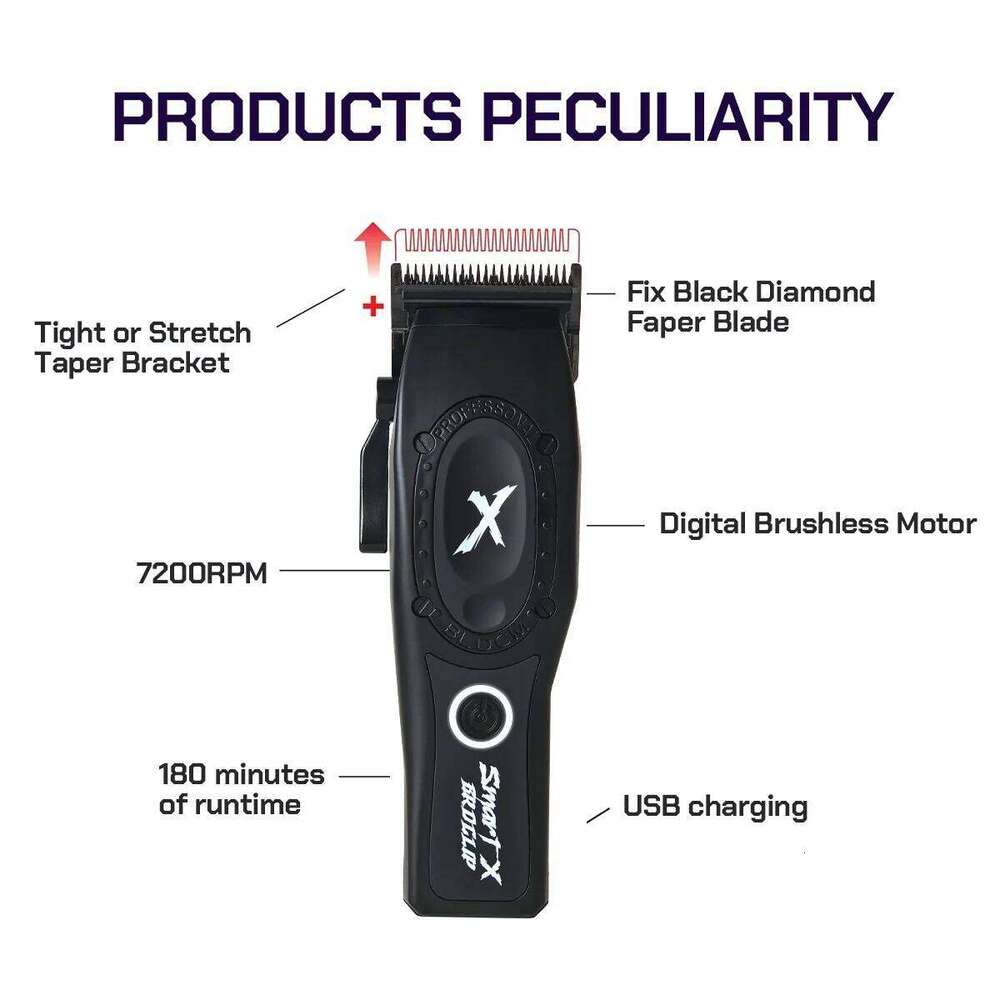 Brushless Motor 7200RPM Professional Clipper BRDCLIP 8198 Strong Cutting Force Blade Barber Hair Trimmer Base Charger C260312