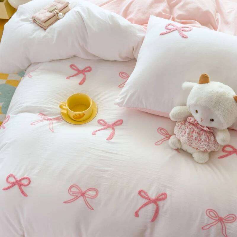 3-Piece Sheet Pink Bowknot Embroidery Duvet Cover Set, Comfortable Bedding Set Bedspread for All Seasons H260312