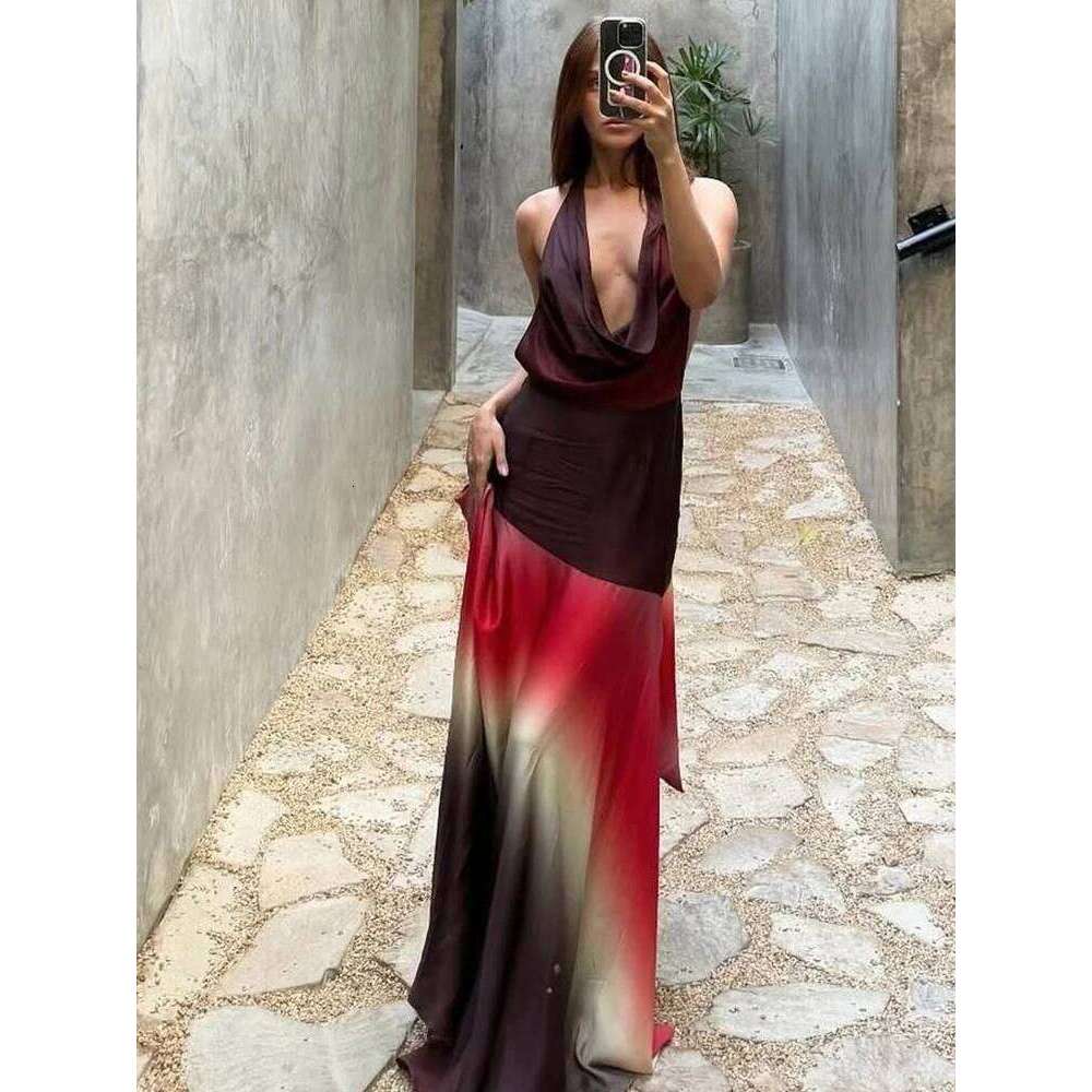 Sisterlinda Summer Release Junior Fashion Leisure Sexy High Street Long Dress K25D66166 Girl Printing Halter Slim Backless Robe C260312