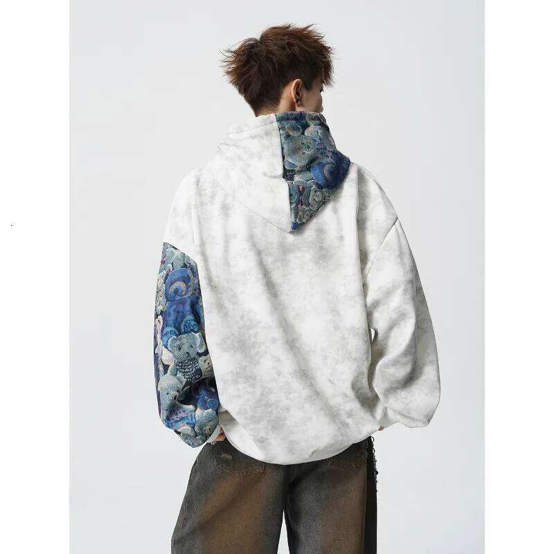2026 New Retro Floral Print Men's Hoodie Tie Dye Patchwork Contrast Sleeve Oversized Streetwear Hooded Sweatshirt