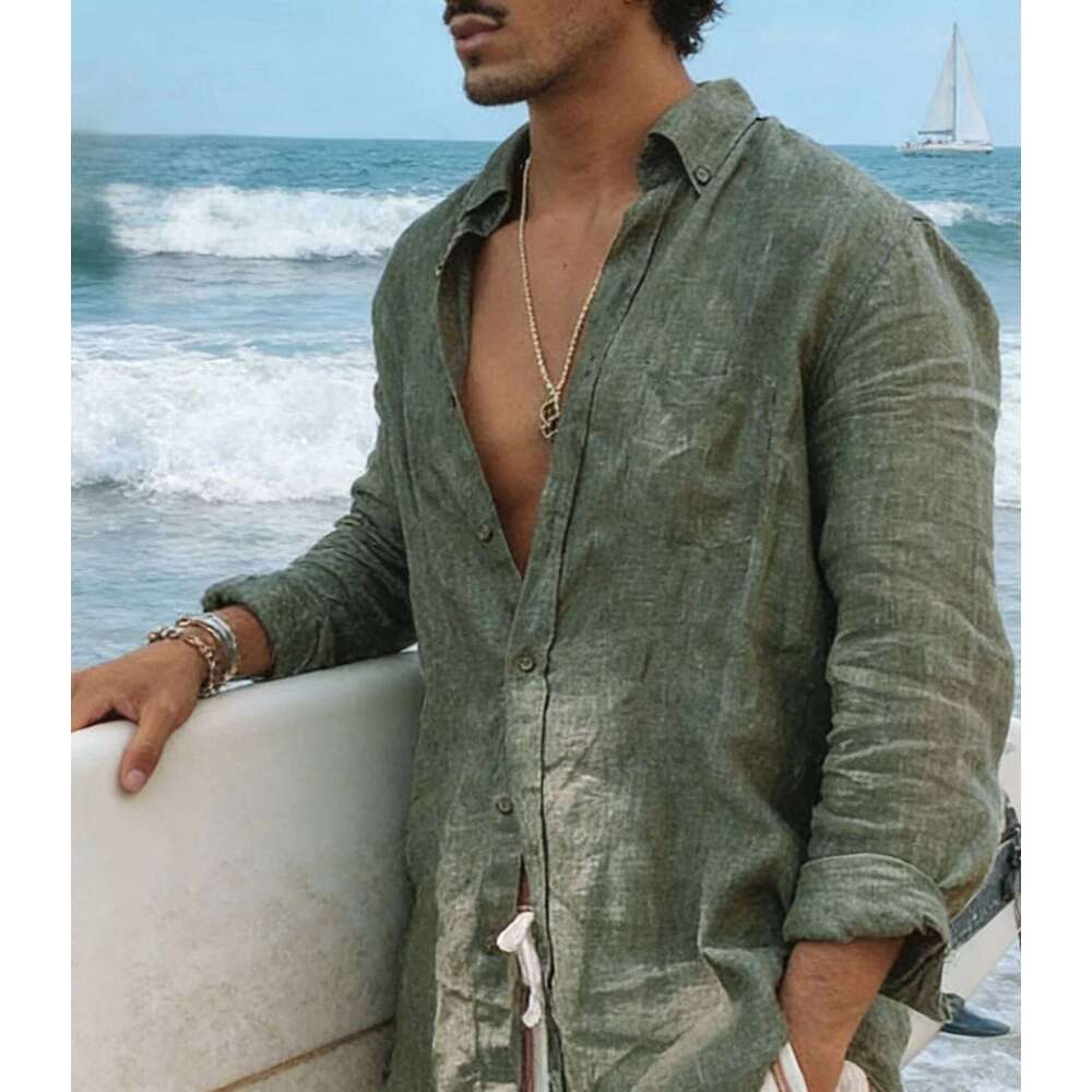 Men's new men's long sleeve buttoned cotton linen shirt lapel cardigan