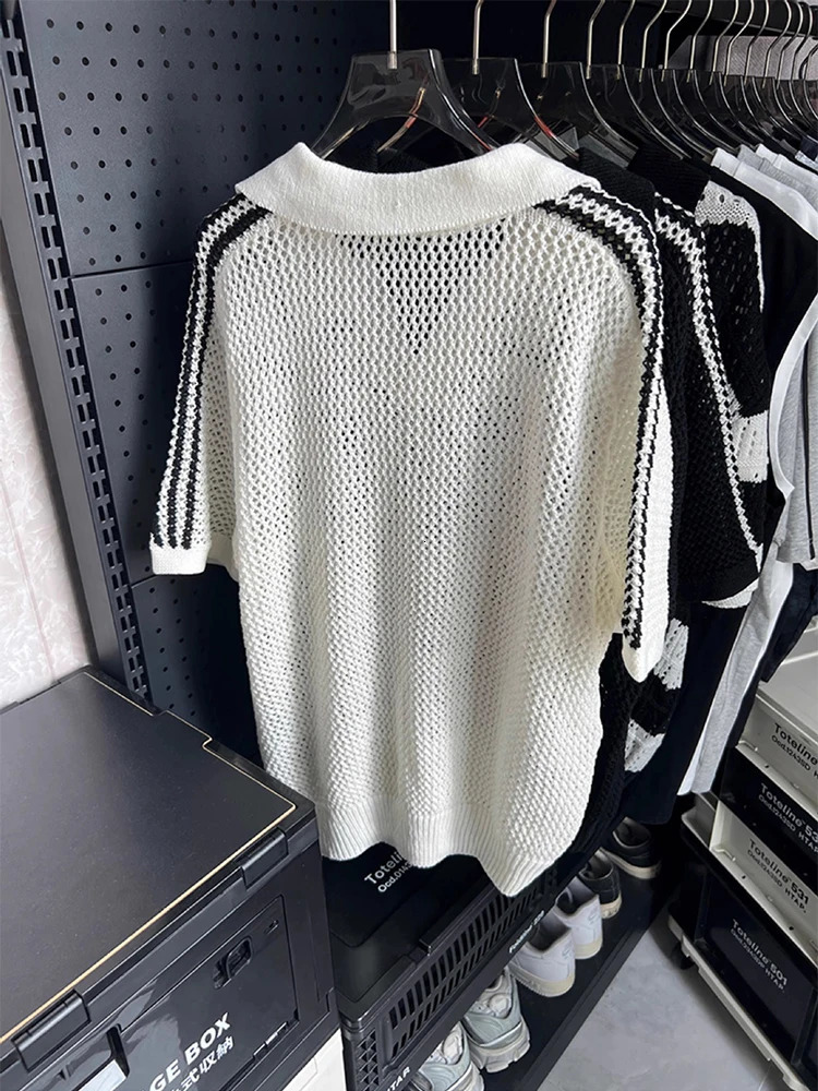Vintage Hollow Out Knitted Polo Shirt Mens Fashion Striped Short Sleeve Lapel Mesh Tops Men Summer Casual Knitting Jumper 260311