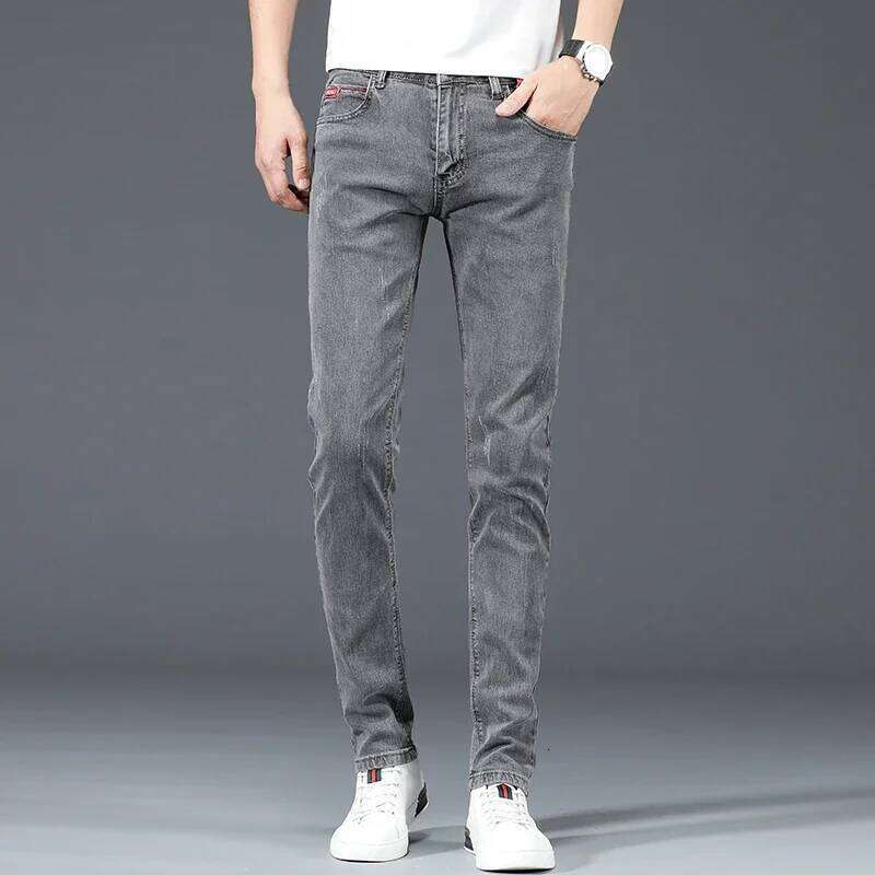 New Men's Cotton Business Casual Skinny Jeans Trendy Fashionable Stretch Straight Slim Denim Trousers Male Blue Grey 26Y0312