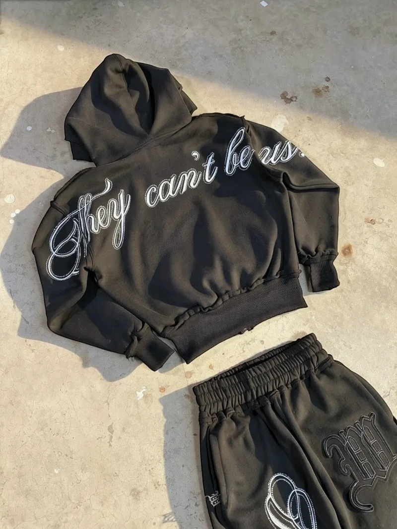 Y2K Letter Embroidery Loose Couple Sportswear Suit European and American High Street Trendy Zipper Hoodie Sweatpants Men 260311