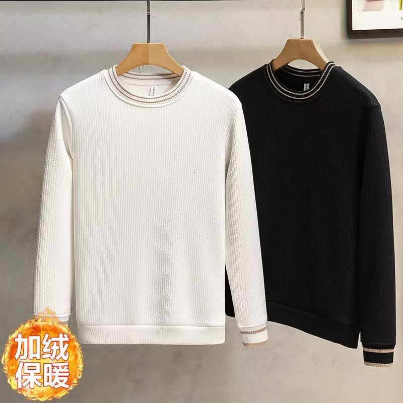 Autumn And Winter Fleece-lined Thickened Light Designer Hoodie Luxury Warm Ribbed Color-blocked Round-neck Sweatshirt For Men Slim-fit Casual Trendy B