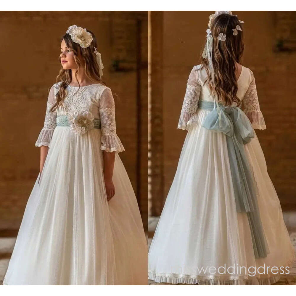 Vintage 3/4 Long Sleeve Boho Flower Girl Dresses A Line Jewel Neck Lace Chiffon Toddler Birthday Communion Dress With Big Bow Sash BC18546