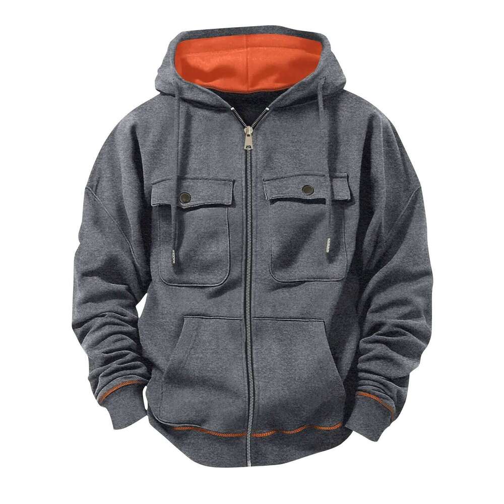 2026 New model retro workwear sweatshirt, men's zipper solid-color warm sports shirt with multiple pockets hooded jacket