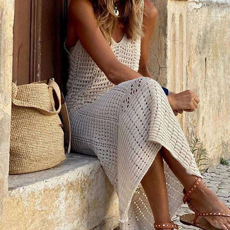 Summer Elegant V-neck Knitted Long Women Sexy Hollow Out Beach Dress 2024 Casual Sleeveless Solid Loose Cover-ups Dresses C260312