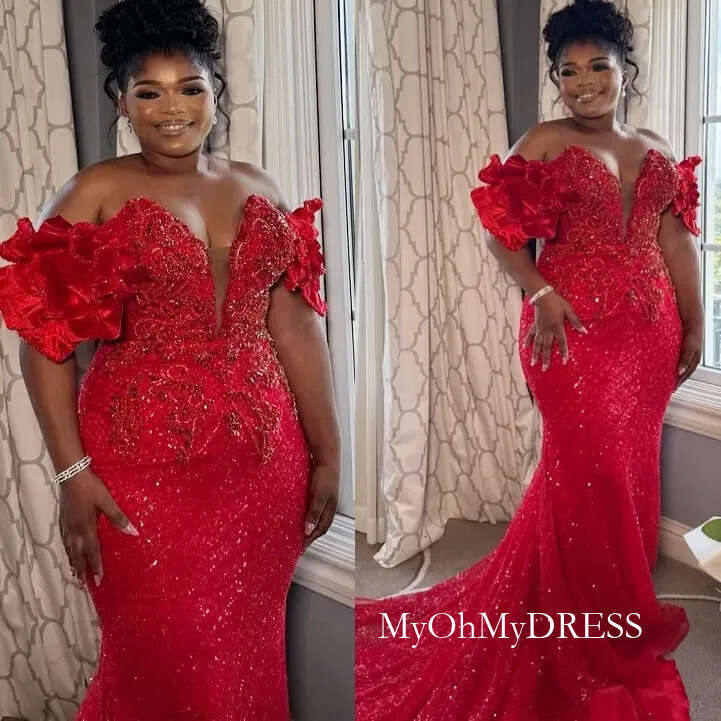 Red Mermaid Plus Size Prom Dresses 2025 Florals Sequined Sweetheart Evening Formal Party Second Birthday Engagement Gowns Dress For Special Occasions 