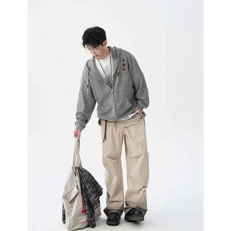 Men Japanese Retro Waffle Knit Hoodie Cardigan Wooden Button Decor Oversized Zipper Front Autumn Casual Outerwear