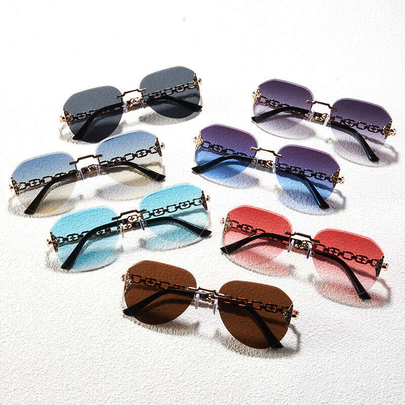 Frameless Cut Edge Light Luxury Women With Metal Chain Temples Hollow Slimming Sunglasses For Beach Photos UV Protection