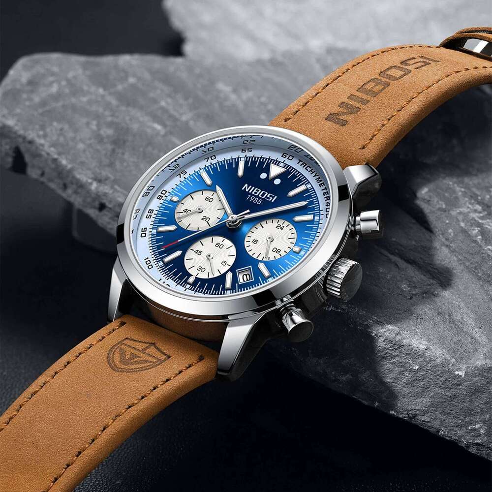 NIBOSI Fashion Watches for Leather Band Casual Business Men Chronograph Large Luminous Analog Quartz Wrist Watch Reloj
