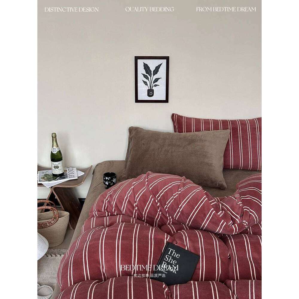 Four-piece set of household retro style red stripes thickened warm quilt cover bed sheet bedding double-sided simple and modern H260312