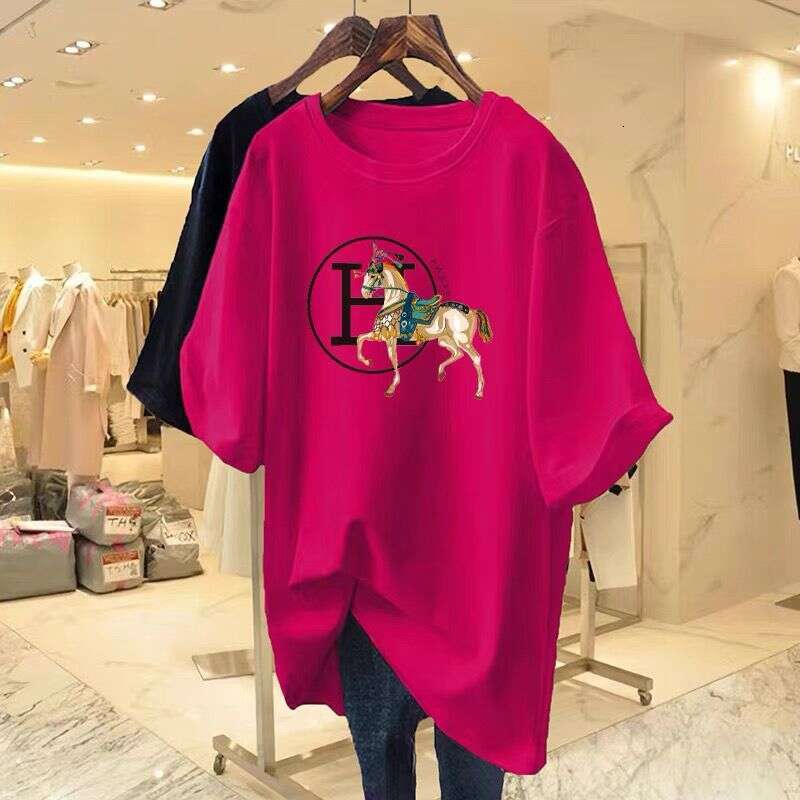 Horse-Patterned Dragon Fruit Red Women's T-Shirt New Model, Pure Cotton, Loose-Fitting, Mid-Length Short-Sleeve T-Shirt Asia Size