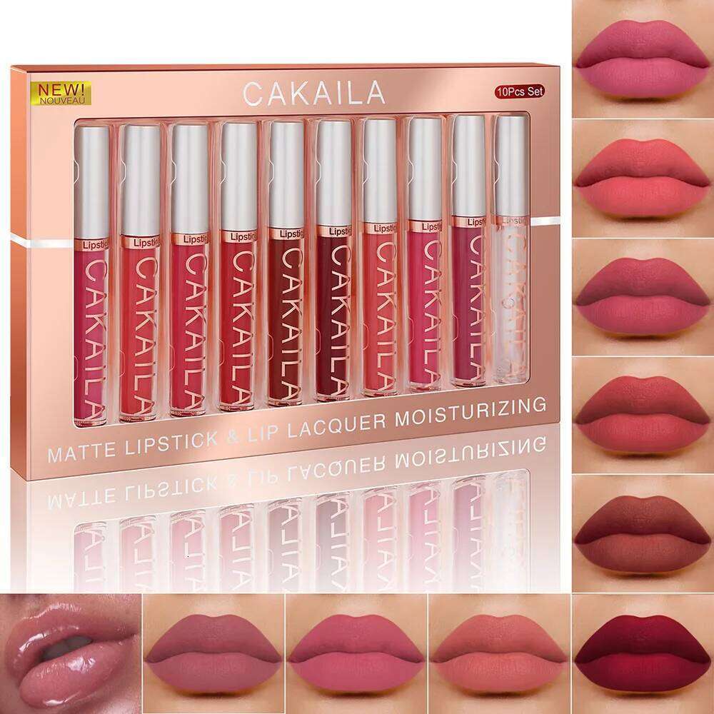 CAKAILA 10 pcs Matte Velvet Nude Lip Gloss Set Lipstick color showing waterproof non-stick liquid lipstick lip gloss W260311