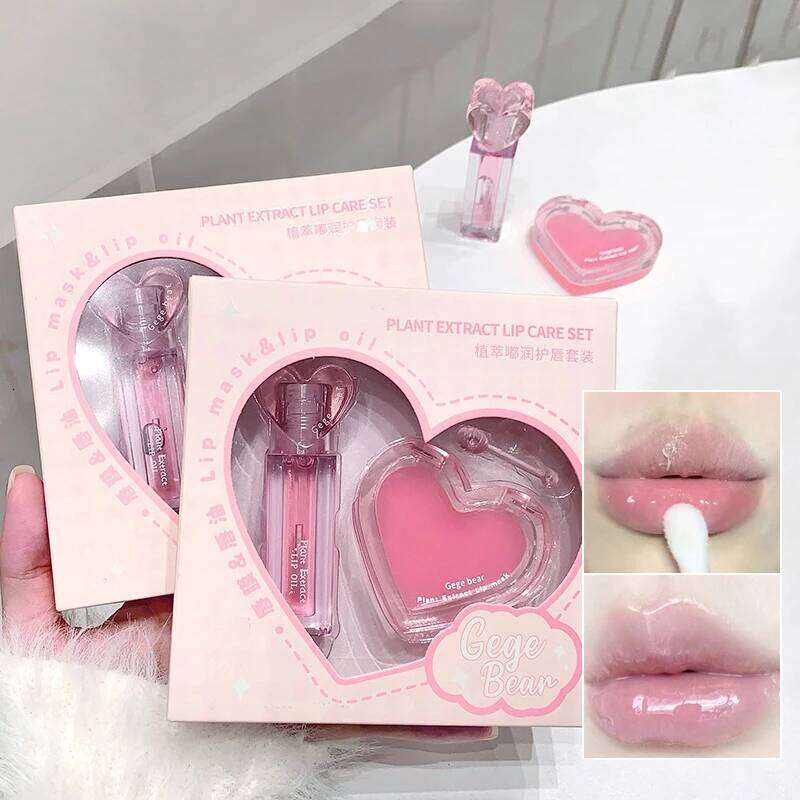 Pink Heart Care Set Moisturizing Reduce Dry Wrinkles Transparent Tint Mirror DUDU Oil Lip Mask Girl Lipstick Makeup Base W260311
