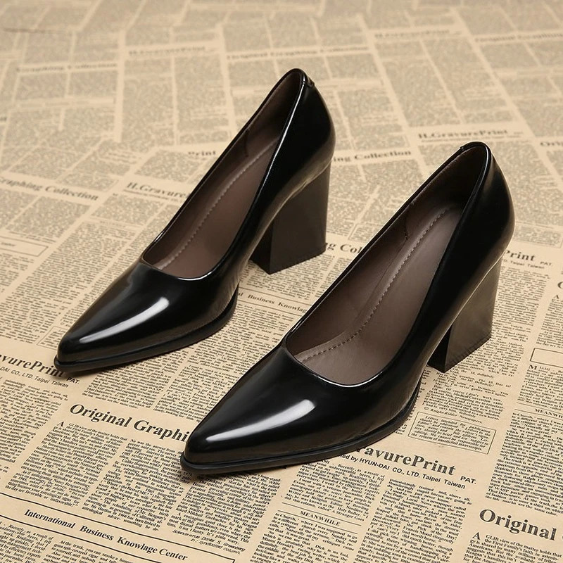 2026 Spring Women Commuter Pumps Shoes Fashion Pointed Toe Slip On Shoes Elegant Thick Heel Work Leather Shoes 260227