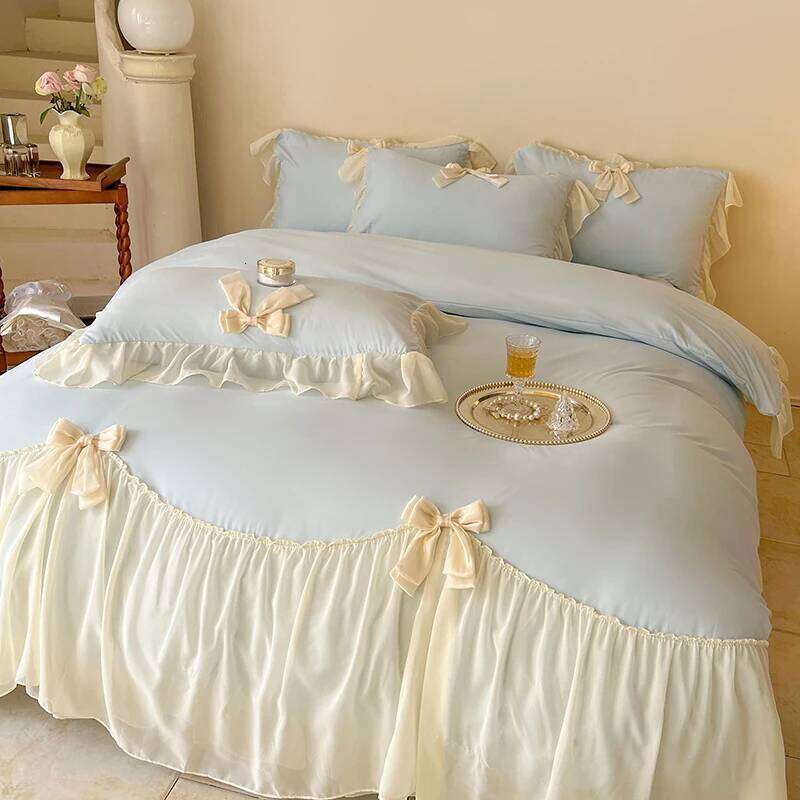 French Princess Style Bedding Sets Ruffle Lace Bow Quilt Romantic Wedding Bedclothes Decor Woman Girls Bedroom Duvet Cover H260312
