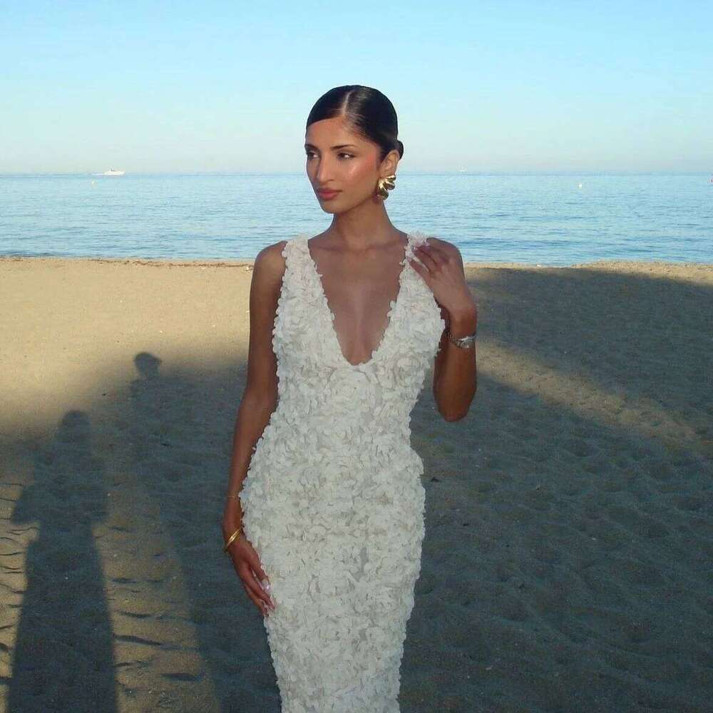 Mingmingxi Elegant Flower Applique Party Dresses 2024 New Arrivals V Neck Bodycon Mesh Sexy Long Maxi Dress Women C260312