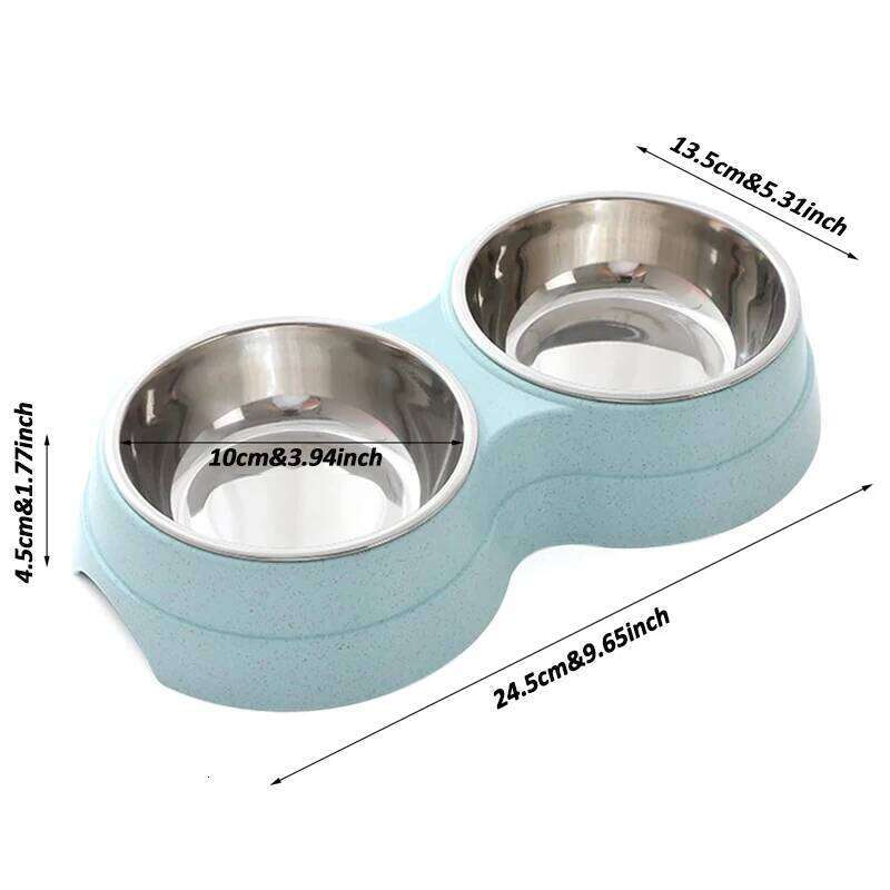 Stainless Steel Double Bowl Wheat Straw Base Dog Cats Feeder Cat Puppy Feeding Food Water Container Dispenser Pet Supplies 26Y0312