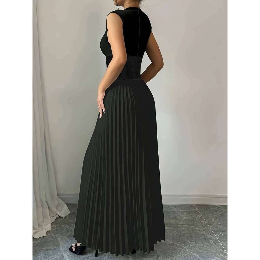 Women's Oversized Woven Casual Bohemian Maxi Summer A-Line Long Dress with Pockets Full Length Clothing Black C260311