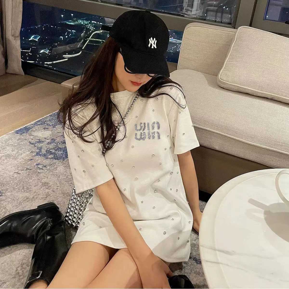 Pure Cotton Diamond Decoration Short Sleeves T-shirt for Womens Summer Letter Print Round Neck Loose Top Fashion Women ClothingT260312