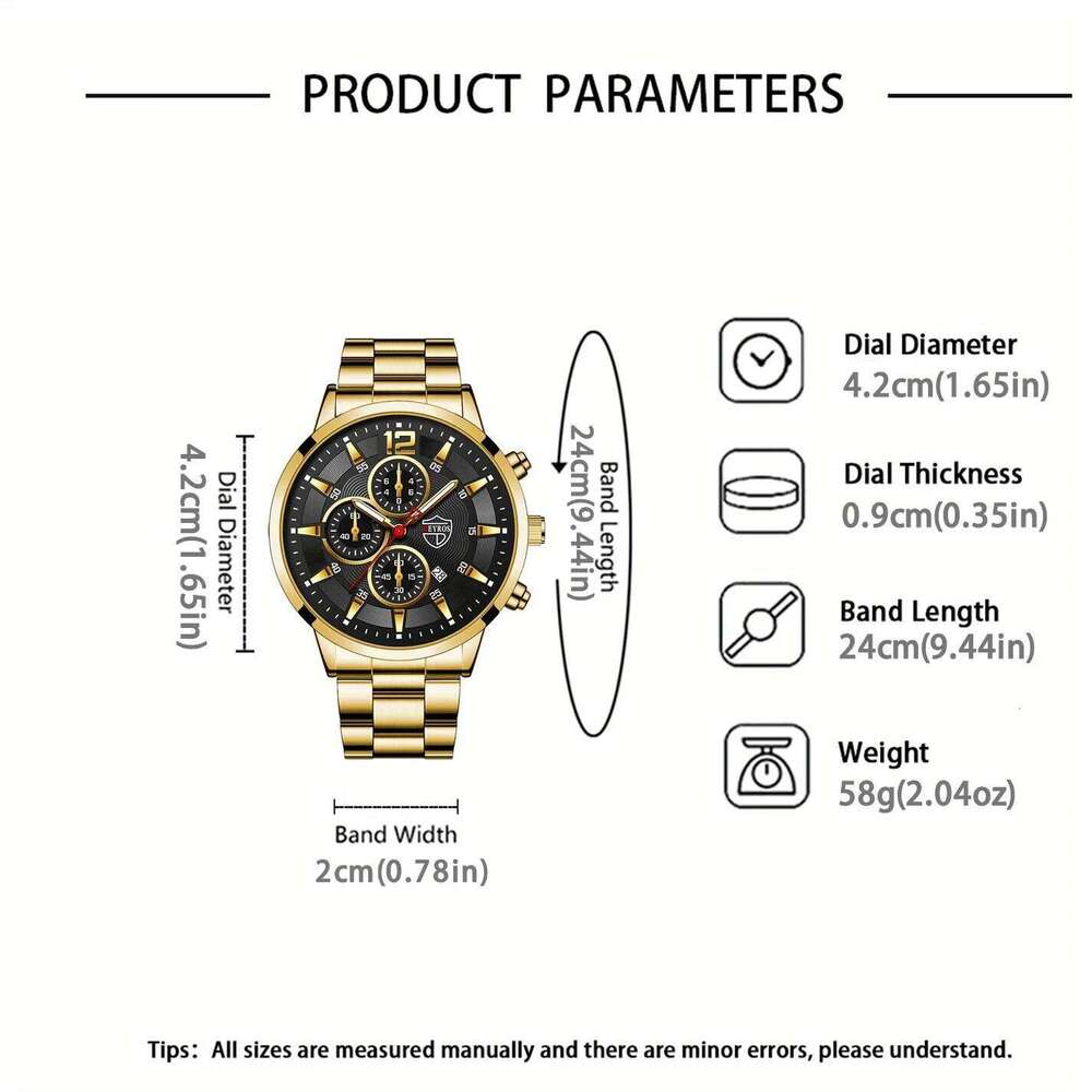 Men's Fashion 4pcs/set Quartz Watch with Date Function, Cuban Necklace, Ring and Bracelet, Thanksgiving Ideal Gifts for Men