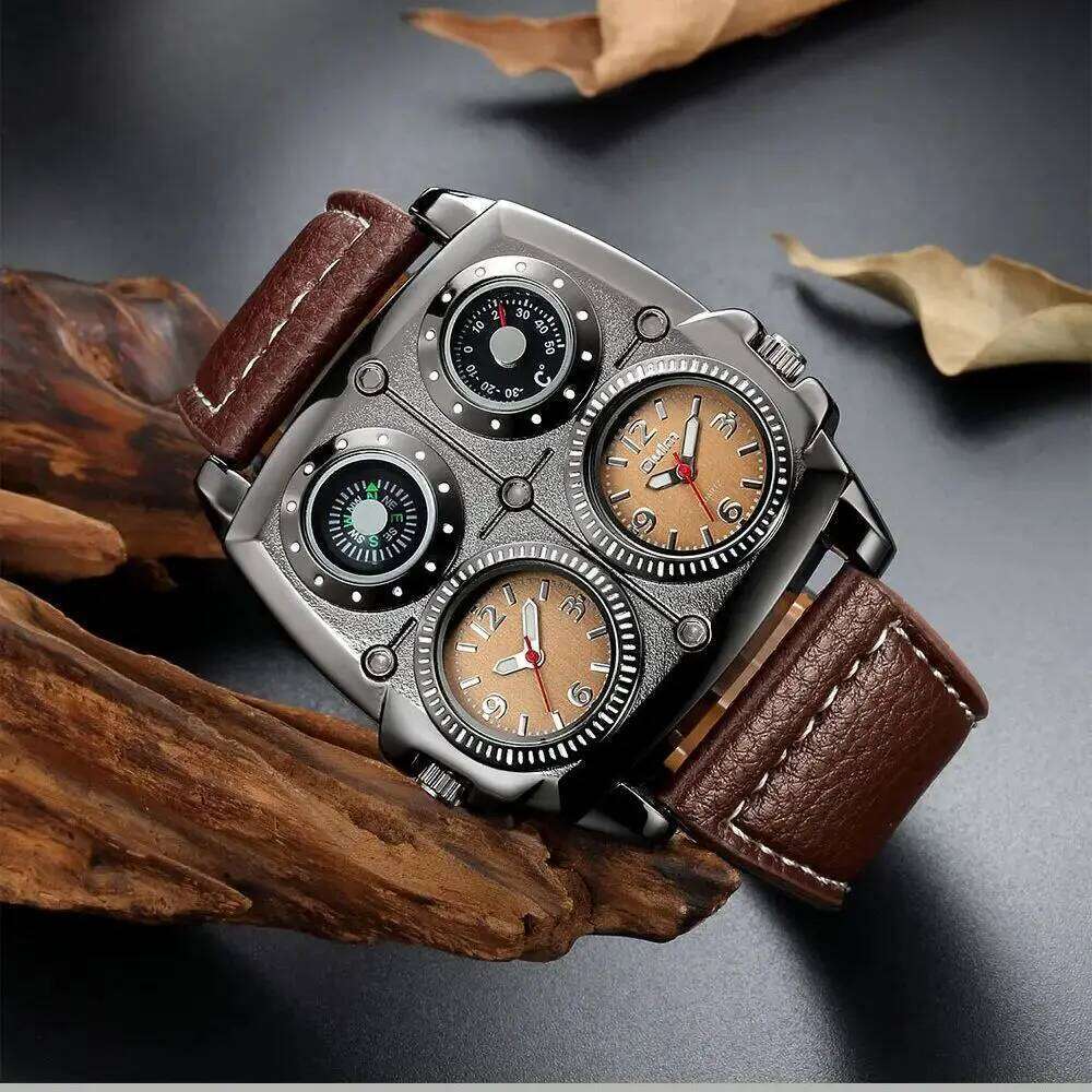 Oulm Fashion Casual Cool Streetstyle Watch Double Time Zone Large Dial Luminous Leather Strap Men's Quartz Watches reloj