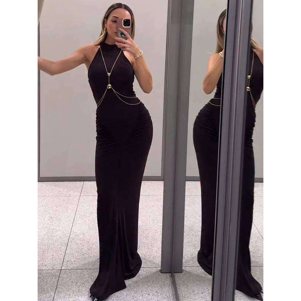 TFMLN Women's Chain Halter Long Dresses Slim Fit Sleeveless Pleated Waist-cinching Party Sexy Ladies Club Maxi Dress C260312