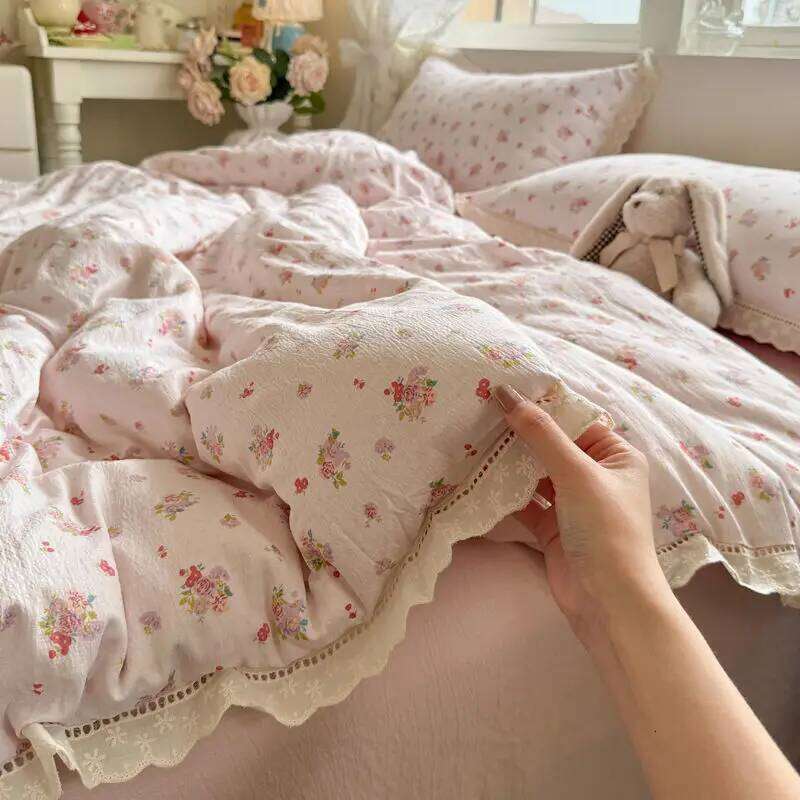 Korean Girly Heart Floral Double Layer Gauze Four-Piece Set Princess Style Lace Trim Quilt Cover Bed Sheet Dormitory H260312