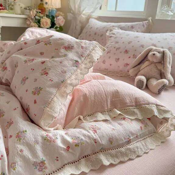 Korean Girly Heart Floral Double Layer Gauze Four-Piece Set Princess Style Lace Trim Quilt Cover Bed Sheet Dormitory H260312