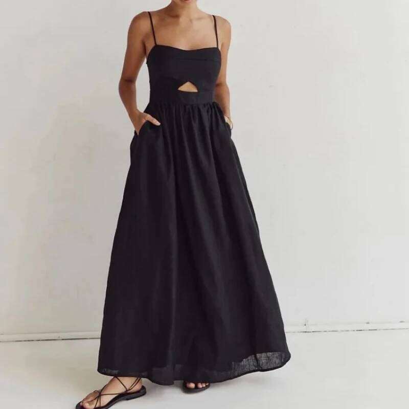 Loose Sexy Elegant Solid Color Summer Sleeveless Spaghetti Strap Hollow Out Ankle Length Dress Pockets Side Slit Women's clo C260312
