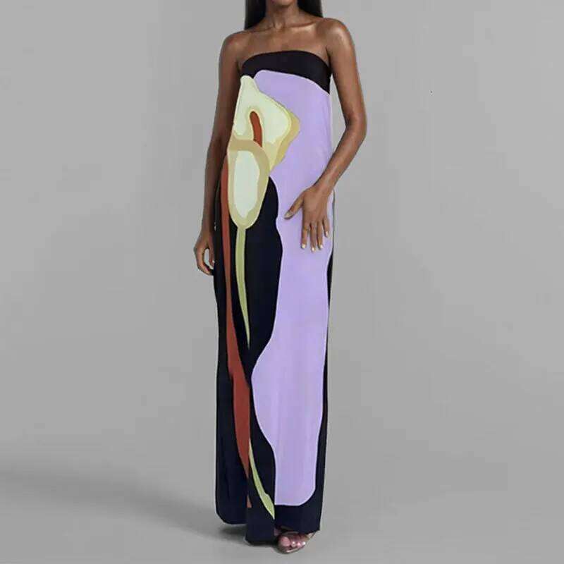 2024 Summer Strapless Backless Flower Printed Long Dress Women Sleeveless Off Shoulder Vestidos Plus Size S-3XL Streetwear C260311